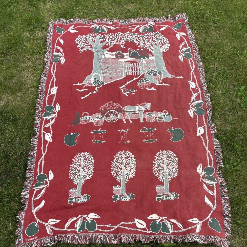 Vtg Apple Tree Farm Orchard Tapestry Blanket Red Green Cottage Core Open Fringe